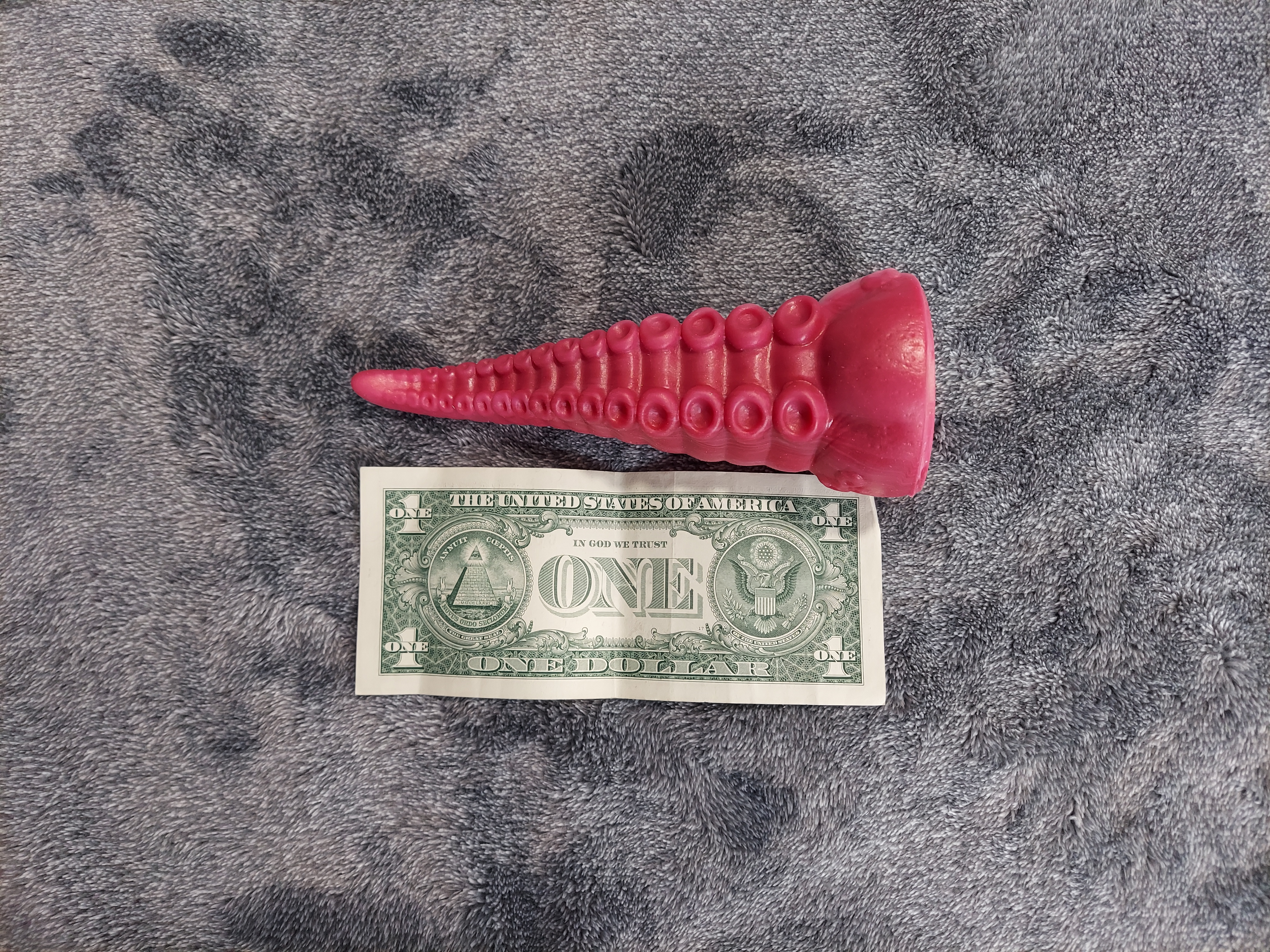 Pink Bad Dragon Ika size comparison to dollar bill